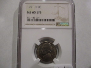lot 39 image: Very nice NGC 1951-D MS65 5FS Jefferson Nickel. Full Steps