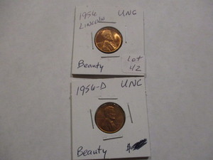 lot 42 image: Beautiful pair 1956 & 1956-D Lincoln Wheat Pennies