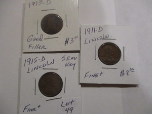 lot 49 image: 1911-D, 1915-D,1913-D Lincoln Wheat Pennies