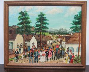 lot 50 image: Signed Vintage Village Wedding Scene Folk Art Painting by Samuel Szuts