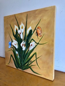 lot 308 image: Very Cool Signed 3D Still Life Painting wCalla Lilies