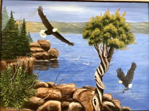 lot 310 image: Framed Signed Original Oil Painting by MN Artist Mildred Schlueter (1937-2014) - Eagles
