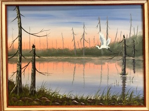 lot 312 image: Framed Signed Original Oil Painting by MN Artist Mildred Schlueter (1937-2014) - Flying Egret
