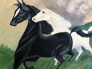 lot 313 image: Framed Signed Original Oil Painting by MN Artist Mildred Schlueter (1937-2014) - Horses Storm