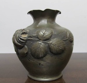 lot 83 image: Antique Signed PREVOT Hammered Pewter or Metal Vase