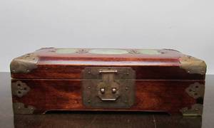 lot 84 image: Nice Vintage Chinese Jewelry Case wCarved Hardstone Plaques