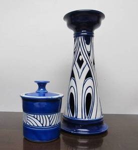 lot 96 image: Signed Blue & White Art Pottery Vase & Jar