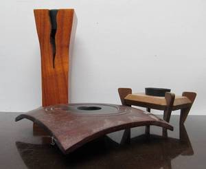 lot 183 image: Lot of 3 Artist Made Turned Exotic Wood Flower FrogsVases
