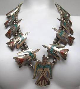 lot 201 image: Fantastic Vintage 1960s era Southwestern Inlaid Silver Thunderbird Squash Blossom Necklace