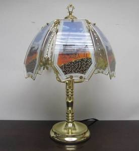 lot 203 image: Working Brass Touch Table Lamp wStagecoach Panels