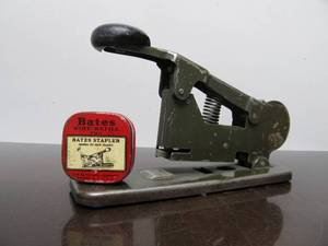 lot 215 image: Antique 1920s era BATES Green Stapler wOriginal Advertising Staple Tin