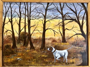 lot 314 image: Framed Signed Original Oil Painting by MN Artist Mildred Schlueter (1937-2014) - Hunting Dog