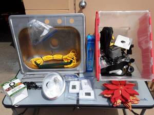 lot 33 image: Stainless Steel Sink (25x22), Thermostats  & Tote Full Of Hardware