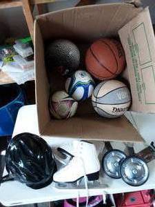 lot 46 image: Lot Of Sports Balls, Bike Helmet, Training Wheels, Figure Skates Size 3