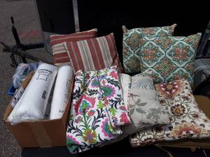 lot 47 image: Chair Cushions, Pillows, Comforter, 4-New IKEA FJADRAR 20x20 Pillows, Twin & Queen Mattress Protectors