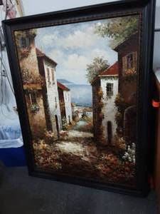 lot 54 image: Large Tuscan Village Framed Painting 42x54 By (Meital Gershei))