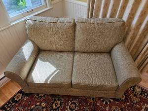lot 28 image: Beige Contemporary Rolled Arm Loveseat