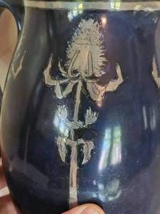 lot 21 image: Victorian Colbalt Pitcher with Sterling Silver Overlay Thistle Design
