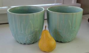 lot 92 image: Vintage McCoy Aqua Glaze Lotus Pattern Planters, pair