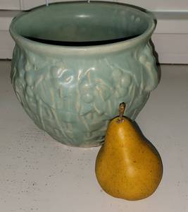lot 99 image: Vintage McCoy Aqua Glaze Basketweave and Berry Pattern Planter