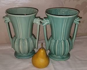 lot 104 image: Vintage McCoy Aqua Glaze Double Handled Vase, pair