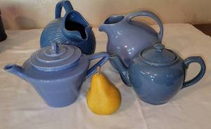 lot 110 image: Pretty Blue Glaze Pitcher Collection of 4  Stangle  Niloak