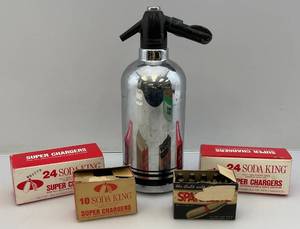 lot 61 image: Vintage Soda King Chrome Metal And Glass Seltzer Bottle With Chargers