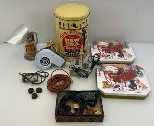 lot 117 image: Misc. Vintage Tins & More Including The New Era Scientifically Processed Potato Chips Tin (VERY COOL)