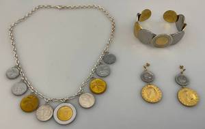 lot 130 image: Vintage Coin Jewelry Including Earrings With (585) Stamped On Posts, Bracelet & Milor 925 Sterling Silver Italian Lire Cion Necklace