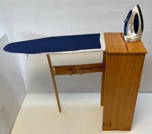 lot 150 image: Small Wooden Ironing Board Cabinet With Iron 11D x 14W x 34T
