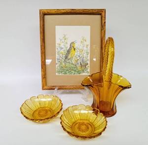 lot 131 image: Vintage Duncan and Miller Amber Glass Bridal Basket, Anchor Hocking Candle Holders and Bird Print