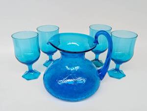 lot 145 image: Blue Crackle Glass Pitcher with Four Wine Glasses