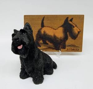 lot 157 image: Vintage LIVING STONE Scottie Dog Figurine & DANISH Scotty Wood Painting - Signed Arthur Odense