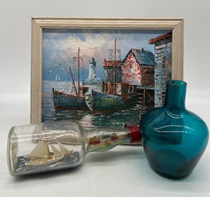 lot 80 image: Come Sail Away MAX SAVY Original Oil Painting, Ship in a Bottle and Artisan Blue Teal Glass Vase