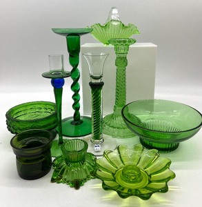 lot 84 image: Gorgeous in Green  Assorted Green Glass Candle Holders & Bowls including Romania
