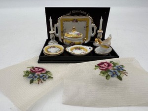 lot 91 image: Vintage Dollhouse Miniature - REUTER - NOS - China Service Set and Embroidery Pieces