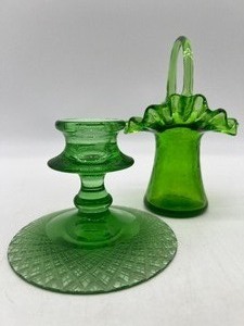 lot 112 image: Vintage URANIUM Glass Basket and Candle Holder including Fostoria