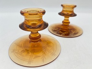 lot 115 image: Vintage FOSTORIA Amber Etched Candle Holders Pair