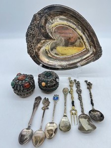 lot 213 image: Vintage Repousse International Silverplate Heart Dish, Trinket Jars and Assorted Collectible Flatware