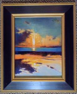 lot 123 image: Vintage Framed Oil Painting of a Sunset on the Lake Signed by MICHELE POPE MELINA