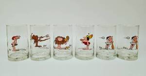 lot 129 image: Set of Six Vintage Tall ARBYS Drinking Glasses with BC Comics Ice Age Art by JOHNNY HART