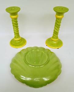 lot 187 image: Vintage Green and Yellow Ceramic Candlesticks with Scalloped ROYAL HAEGER Bowl