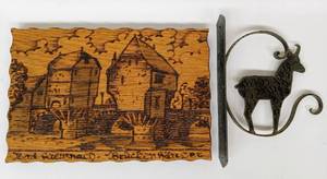 lot 200 image: Vintage German Wood Art with Wall-Mounted Goat Plant Hanger
