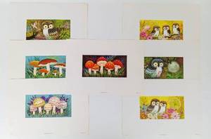 lot 210 image: Large Collection of Mid Century Owls & Mushrooms Art Prints - QTY 7