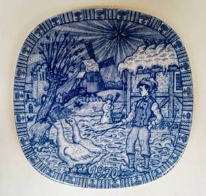 lot 241 image: Vintage Collection of Blue Ceramic Plates and Candlesticks with Candles and Napkins