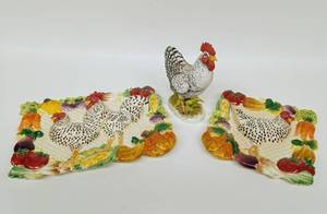 lot 248 image: Vintage Ceramic FITZ AND FLOYD Chicken Plates with LEFTON Chicken Figurine
