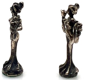 lot 232 image: Vintage Artisan Dollhouse - ART NOUVEAU in the style of LUCIEN CHARLES ALLOT Pair of Double Figural Candlesticks 
