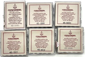 lot 240 image: Vintage CONCORDIA Set of 6 Genuine Pewter Ornaments in Cases
