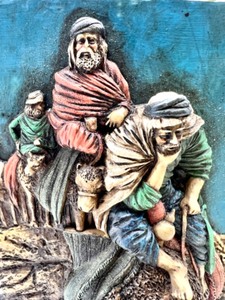 lot 284 image: Vintage Middle Eastern 3D Raised Relief of Men on Camels Wall Hanging in box.