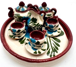 lot 299 image: Vintage Artisan Dollhouse - Hand-painted Ceramic Tea Set and Panda Bear Figure